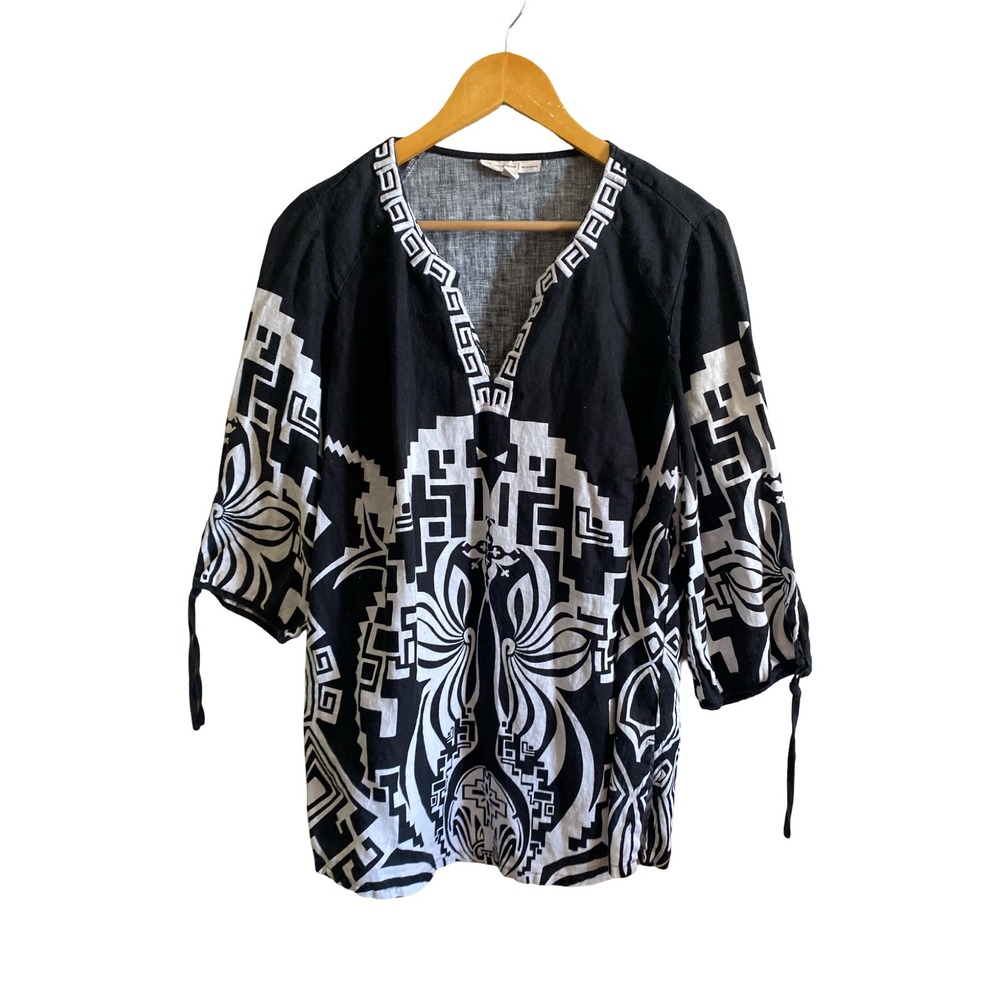 JM Collection Geometric Woman 100% Linen Tunic Top 16W Tribal Boho Coastal
